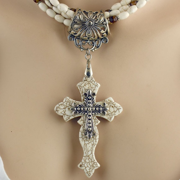 White Turquoise Cross Necklace Earring Set - Picture 4 of 4